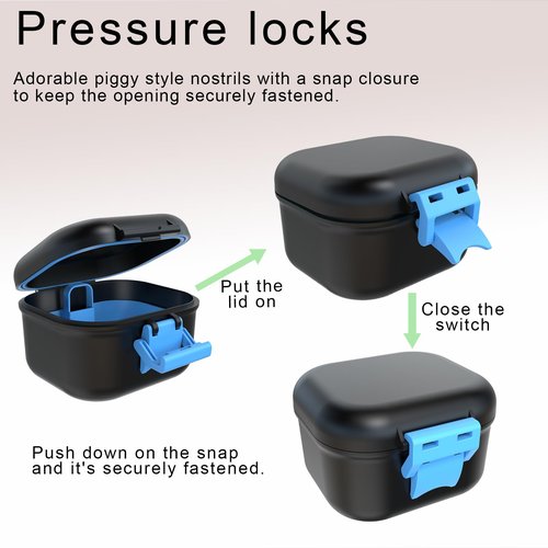 BVN Leak-Proof Denture Case, Denture Cup for Soaking Dentures, Retainer Cleaning Case Black and Bule Dent