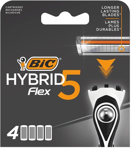 BIC Hybrid 5 Flex Men's Shaver Refills with 5 Moveable Nano-Tech Titanium Coated Razor Blades - Box of 4 Cartridges