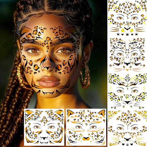 Gold Leopard Metallic Temporary Tattoos Set - Face & Body Glitter Stickers, Halloween & Cosplay