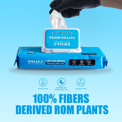 Emalla Green Soap Tattoo Wipes, 100 Count L All in One Premium Cleaning Wipes to Clean Skin During Tattooing and Aftercare 7.87"x5.9" Natural Formula Tattoo Supplies (5 Pack)