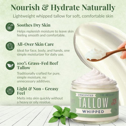 Lady May Tallow Whipped Tallow 9oz - All Natural Face Cream + Whole Body Moisturizer for Dry Skin - No Preservatives, Parabens or Seed Oils - 100% Pure, No Added Fragrance - USA Made (Unscented)