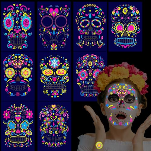 Glow UV Skeleton Temporary Tattoos - Day of The Dead Sugar Skull Face Stickers, 9 Sheets