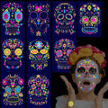 Glow UV Skeleton Temporary Tattoos - Day of The Dead Sugar Skull Face Stickers, 9 Sheets