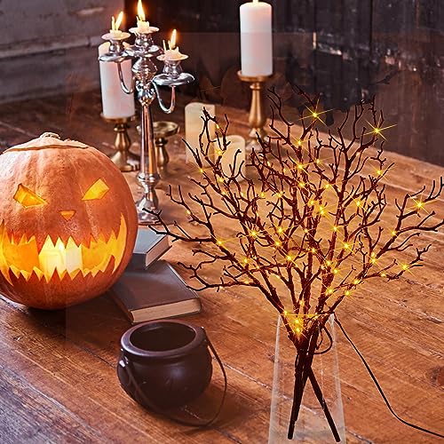 Black & Orange Lighted Halloween Branches with Timer - Indoor Outdoor Fairy Lights 21in 75L