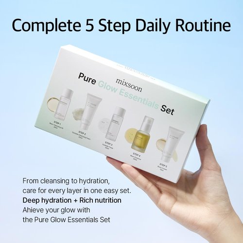 mixsoon Pure Glow Essentials Set-5-Step Skincare Kit - Hydrating Skincare Gift Set, Cleansing Oil, Foam, Toner, Essence, Cream (15ml*1+20ml*3+30ml*1) 105ml / 3.55 Fl. Oz. Korean Glass Skin Care