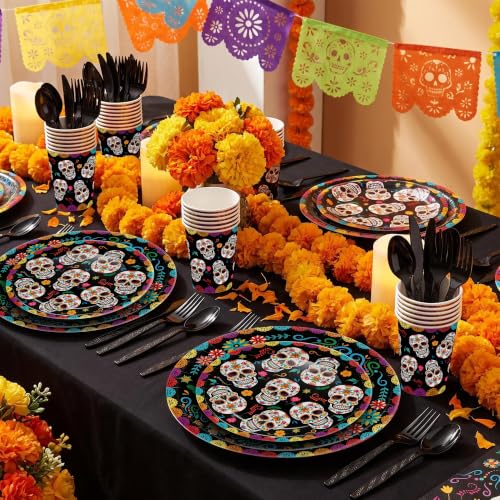 Day of the Dead Party Supplies Set - Sugar Skull Plates Napkins Cups Silverware - Black & Colorful Design