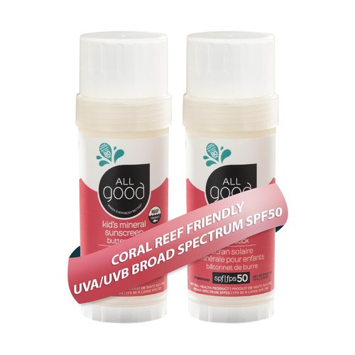 All Good Baby & Kids Mineral Sunscreen Butter Stick - SPF 50 UVA/UVB Protection, Coral Reef Friendly, Water Resistant, 2.75 oz (2-Pack)