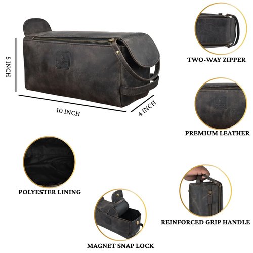 Full Grain Leather Toiletry Bag for Men & Women – Water-Resistant Travel Shaving Kit Organizer with YKK Zipper, Spacious Bathroom Grooming & Cosmetic Storage Case - Chalkboard Grey