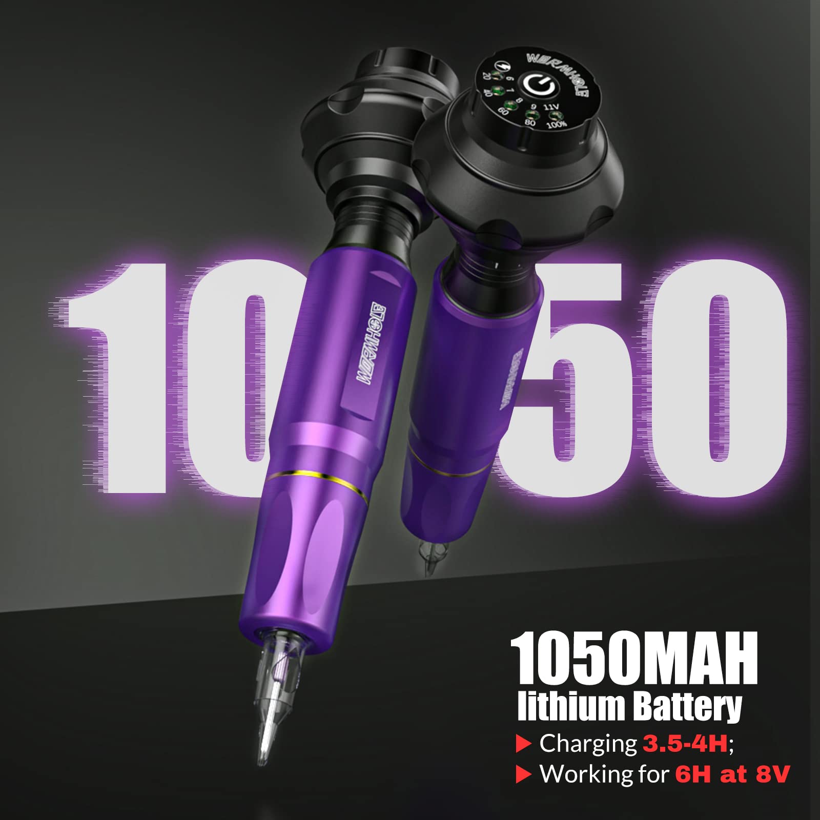 Wormhole Wireless Tattoo Machine Kit, Tattoo Gun with 1,050 mAh Capacity Power Supply- Tattoo Pen Kit WTK176(Purple+Black)