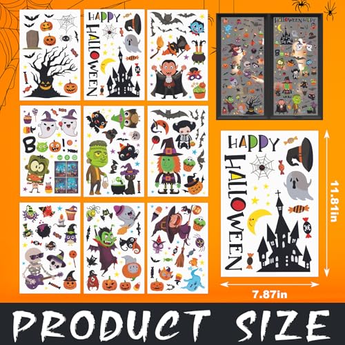 Halloween Window Clings Set - Double Sided Witch Ghost Pumpkin Bat 9 Sheets with Variation Monster Witch