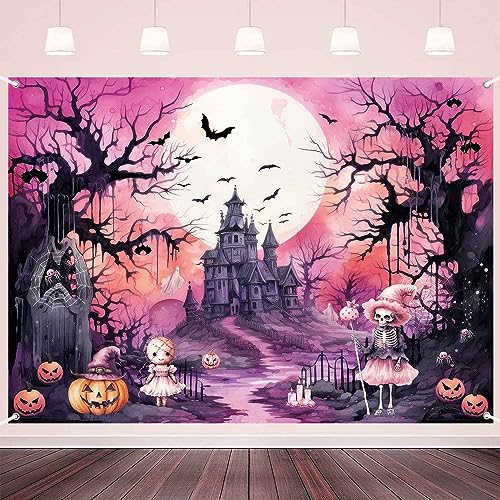 Pink Black Halloween Backdrop Banner 8x6ft for Party Photo Booth Decorations - Girls Kids - Pink Black / 8x6ft