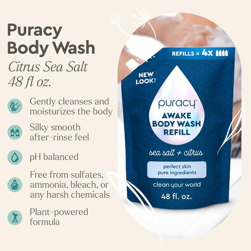 Puracy Body Wash - Natural Moisturizing Shower Gel with Citrus & Sea Salt | 48 Oz Refill for All Skin Types