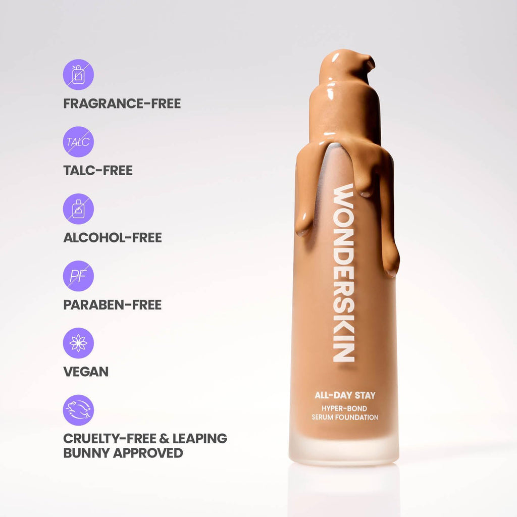 Wonderskin Hyper Bond All-Day Stay Serum Foundation - Waterproof & Transfer-Proof | 24HR Longwear with Niacinamide & Hyaluronic Acid - Lightweight Natural Finish (Afterglow)