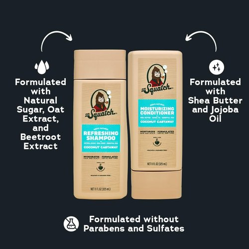 Dr. Squatch Men's Shampoo and Conditioner Set - Natural Formula for Fuller, Thicker Hair - Coconut Castaway (11 fl oz, 2-Pack)