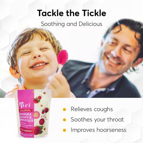 P.R.I Strawberry Manuka Honey Lollipops - Throat Soothing Pops with Propolis & Menthol | 24 Count
