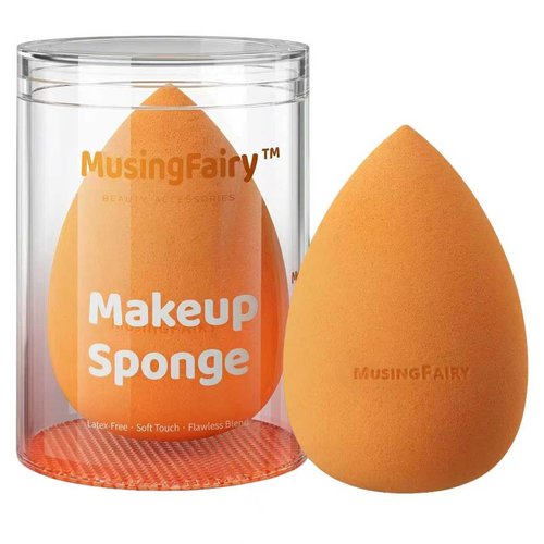 MusingFairy Makeup Blending Sponge with Travel-Friendly Acrylic Holder,Latex-Free Beauty Blender for Flawless Matte Finish, Easy to Clean,Orange 1 Pack