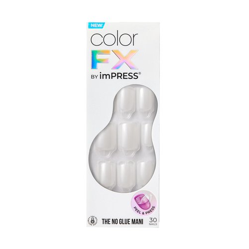 KISS Impress No Glue Mani Press-On Nails, Color FX, White Shimmer, Short Size, Squoval Shape, Includes 30 Nails, Prep Pad, Instructions Sheet, 1 Manicure Stick, 1 Mini File