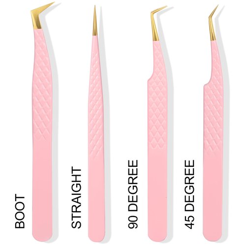 Fiber Tip Lash Tweezers For Eyelash Extension 4 Pcs Tweezers Professional Artist Tech Work Kit Tools,Best Volume Eyelash Lashes Extensions Precision Supplies Volume Boot 90 45 Degree(Pink)