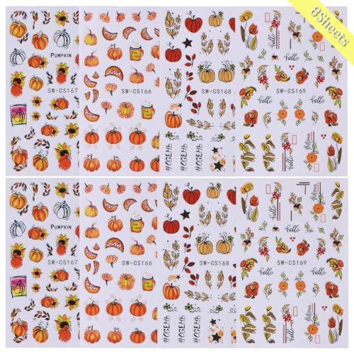 Fall Nail Art Stickers Decals 8 Sheets Pumpkin Leaf Floral DIY Manicure