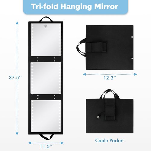 Fabuday Foldable Full Body Length Mirror with Light for Travel - Lighted Rechargeable Trifold Hanging Long Mirror, Folding Portable Tall Mirrors for Camping, RV, Dance, Dressing, Over The Door