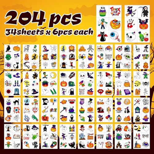 Kids Halloween Temporary Tattoos Set 204 Designs for Parties & Trick-or-Treating