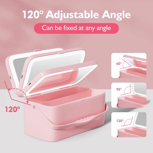 Bdjso Makeup Case with Mirror and Light - Portable Cosmetic Box Rechargeable with 3 Color Mode and DIY Partitions for Women Girls (Pink B)