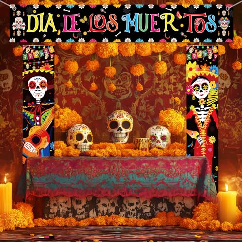 Day of the Dead Porch Banner Halloween Mexican Fiesta Skeleton Decorations