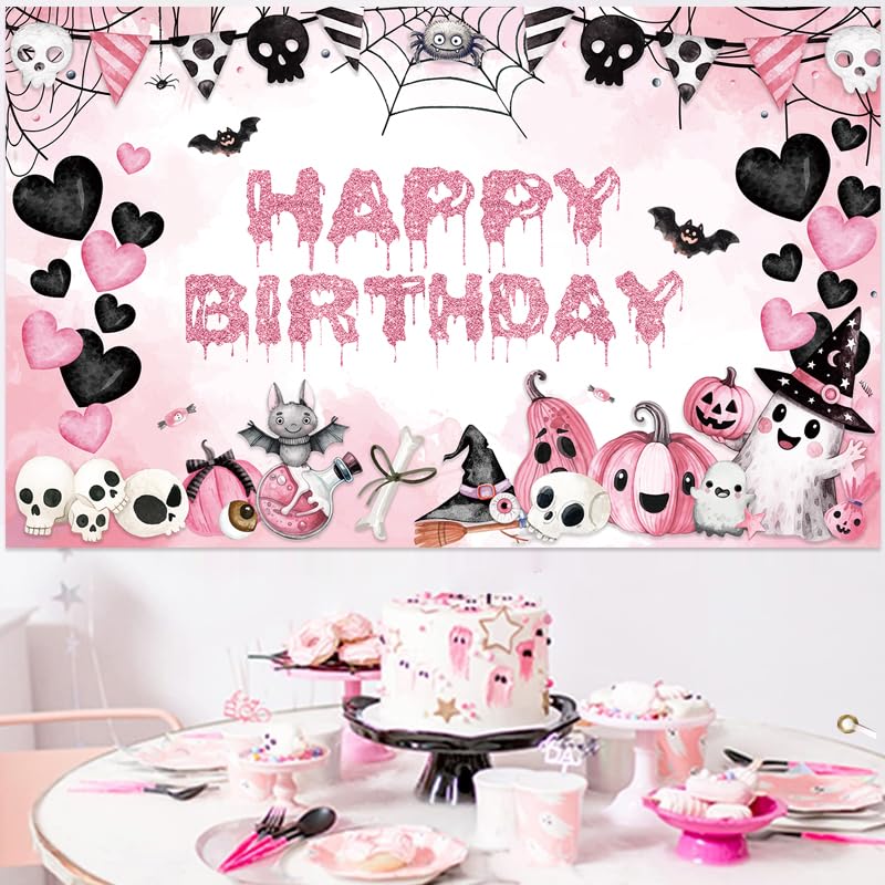 Halloween Birthday Banner Decorations Pink Halloween Party Backdrop