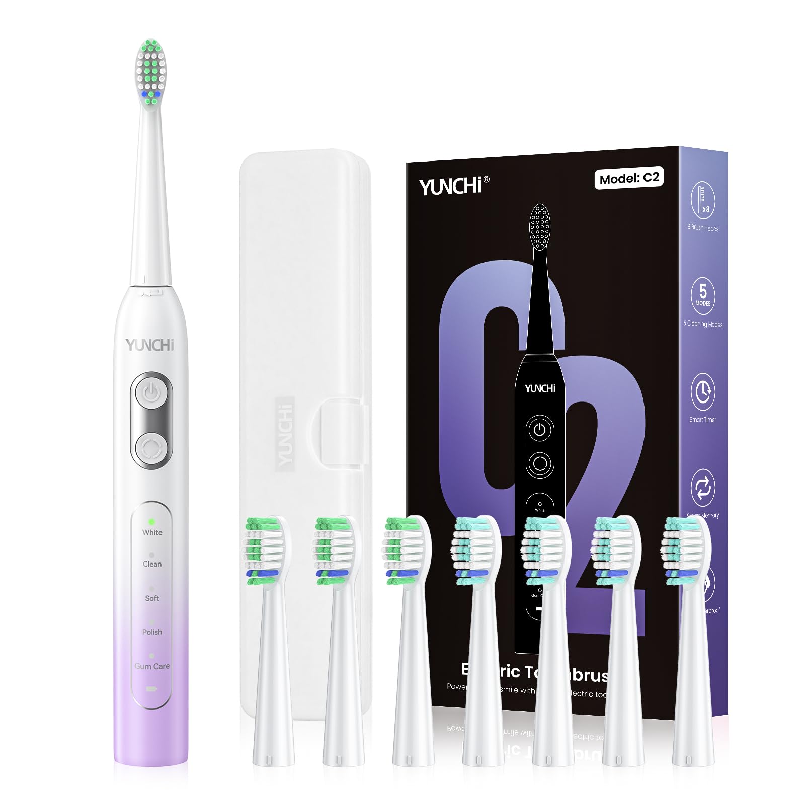 YUNCHI Electric Toothbrush Birthday/Valentine Plastic 8 Heads 24-Mo Deep Cleans Gentle Gums Removes Stains 3Hr USB-C 90d 2-Min Timer/30s IPX7 - Purple