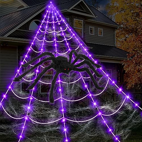 Halloween Spider Web Lights Outdoor Set with Purple LED, Black Spider & Web - 16.4Ft, 8 Modes, Large Spider & Cobwebs, Variation: Black Spider & White Webs