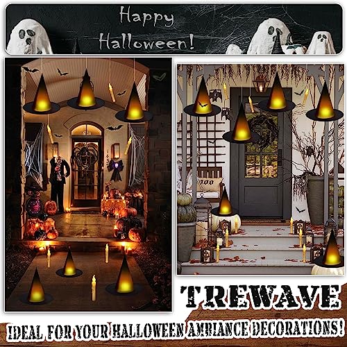 Lighted Floating Witch Hats Halloween Decor Set - 12 Pieces with Candles & Bats