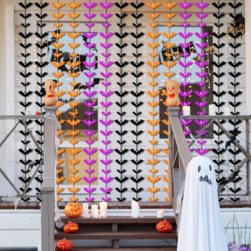 Halloween Foil Fringe Curtains 3 Pack Bats Tinsel Backdrop Party Decor - Purple, Orange, Black
