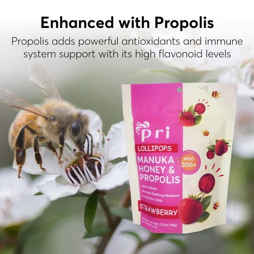 P.R.I Strawberry Manuka Honey Lollipops - Throat Soothing Pops with Propolis & Menthol | 24 Count