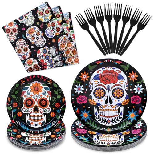 Day of the Dead Disposable Tableware Set - Mexican Sugar Skull Pattern for Fiesta & Celebrations - Serves 24