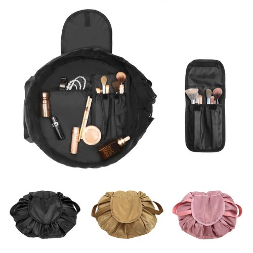 SUMBABO Drawstring Makeup Bag Open Flat – Barrel Drawstring Cosmetic Bag for Women Toiletry Bag for Travel with Brush Bag (Black)