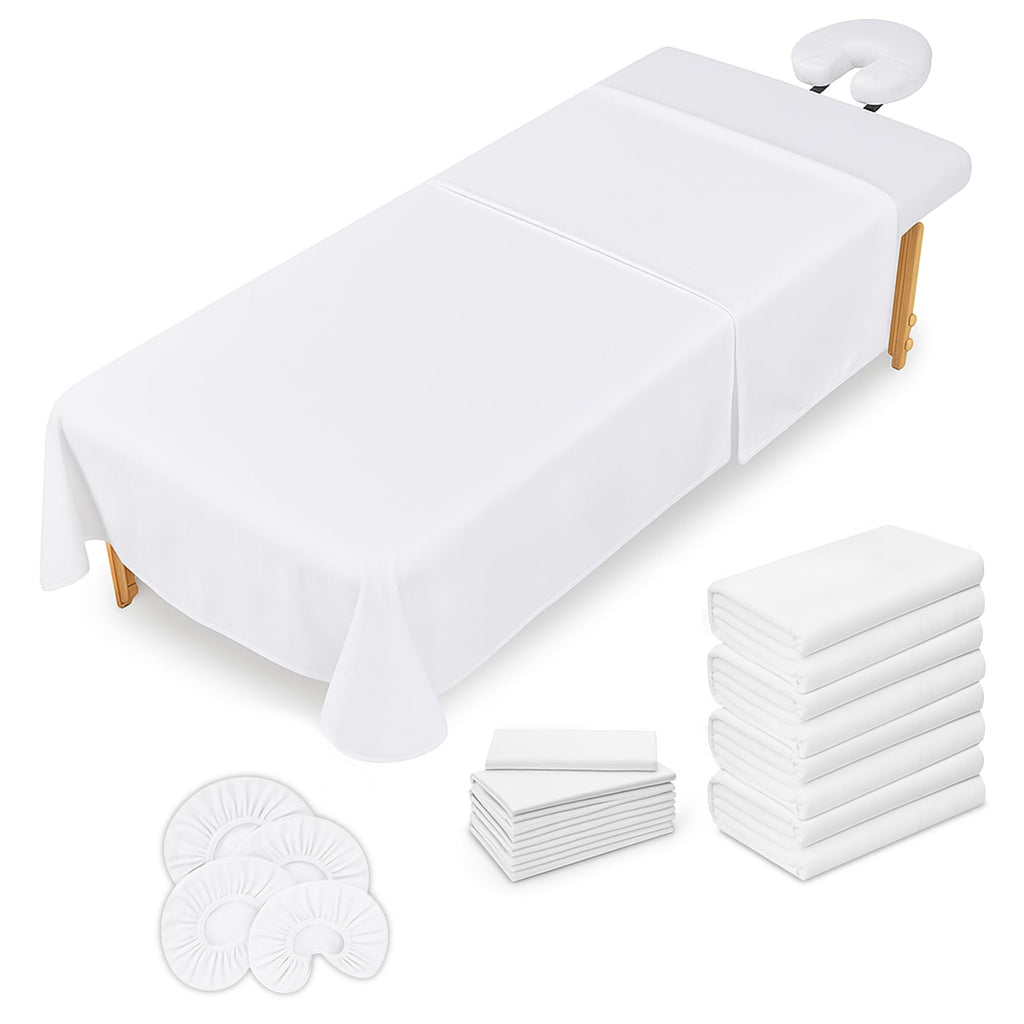 XOLLOZ Massage Table Sheets Set – 3 Piece 4 Set, Microfiber Spa Bed Sheets, Cotton-Feel Massage Bed Cover, Wrinkle & Oil Resistant, Soft Accessories for Estheticians – White