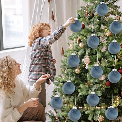 12PCS Velvet Christmas Ornaments Set - Gray Blue Flocked Plastic Holiday Balls
