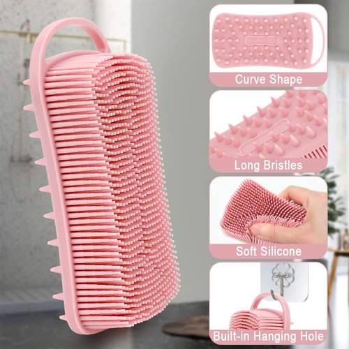 Silicone Body Scrubber, 2 in 1 Soft Silicone Loofah 2 Pack Exfoliating Body Scrubber Loofah for Women Men, Body Scrubber Shower Bath Shampoo Brush with Loop for Sensitive Skin Lather Well, Pink & Blue