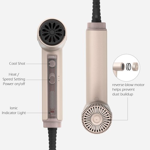 TOME Hair Dryer, 1875W High-Speed EC Motor 110,000 RPM Ionic Blow Dryer, Fast Drying, Cool Shot Lock, 3 Heat 2 Speed, 4 Attachments (Styling Nozzle, Diffuser, 2 Air-Powered Wrap Wands), 125V Pink