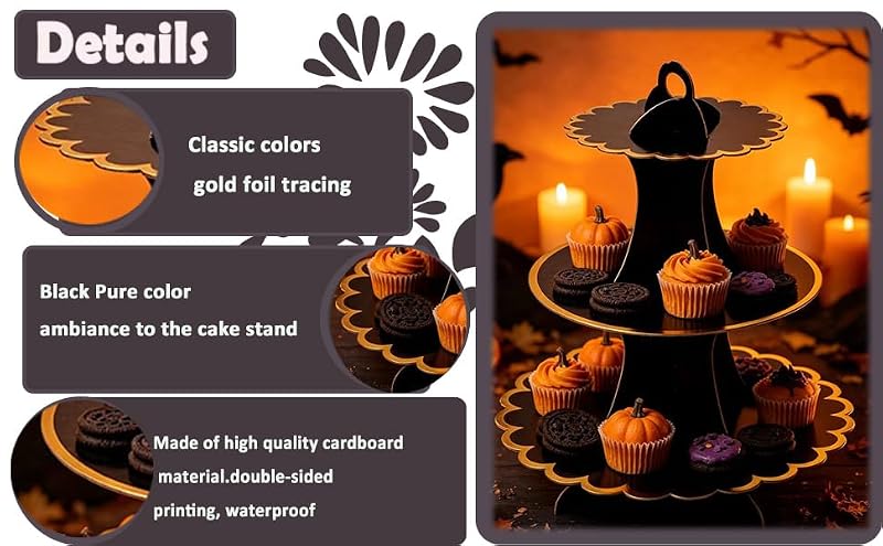 Black Gold 3-Tier Cardboard Cupcake Stand - Disposable Dessert Tower Set of 2