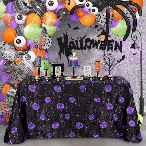 Black 132x90 Inch Rectangular Christmas Tablecloth with 3D Rosette Sequin Satin