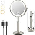 VFD 30X/1X Makeup Mirror with Lights, Height Adjustable Lighted Magnifying Vanity Mirror with 3 Lighting and Adjustable Brightness, 3000mAh Rechargeable Double Sided Switch for Desk Women Gift