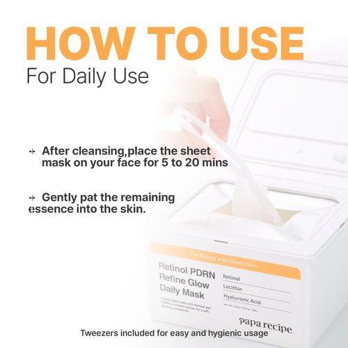 Papa Recipe Retinol PDRN Refine Glow Daily Mask (30 Sheets) - Korean Skin Revitalizing Facial Masks, Anti-aging - Soothing, Calming & Hydrating Face Skin, Sensitive Skin-friendly