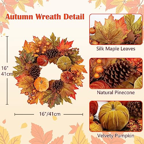 Fall Wreath 16 Inch Autumn Velvet Pumpkin Maple Leaves Front Door Decor - Briful