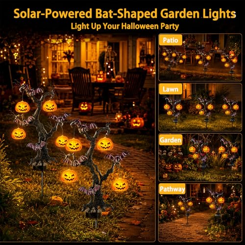 Halloween Solar Stake Lights - 2-Pack 3D Pumpkin & Iron Bat Outdoor Garden Decor - Yellow Variation