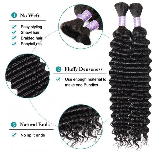 20 Inch Human Braiding Hair for Boho Braids 2 Bundle 100g Deep Wave Bulk Human Hair for Braiding No Weft 12A Brazilian Virgin Curly Human Hair Extensions for Boho Braids