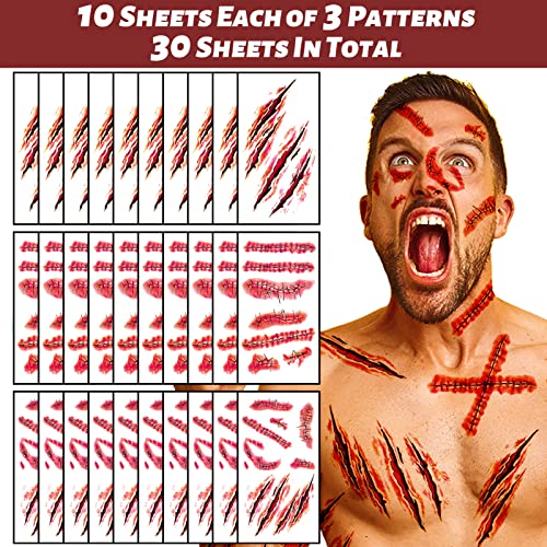 Halloween Fake Wound & Scar Tattoos - Horror Makeup Sheets with Variation Halloween Horror Scar
