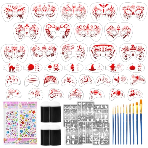 Metuu Red Halloween Face Paint Stencil Kit - Reusable Templates, Brushes & Accessories