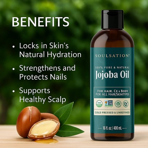 SOULSATION Organic Jojoba Oil for Skin, Hair & Face (16oz) | 100% Pure, Natural Cold Pressed