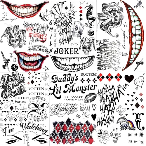 JOEHAPY JokerHQ Halloween Temporary Tattoo Stickers - 6 Sheets Face & Body Decals